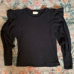 Nation LTD Pima Cotton Black Long-Sleeved Tee Smocked Sleeves Ruffle Shoulder